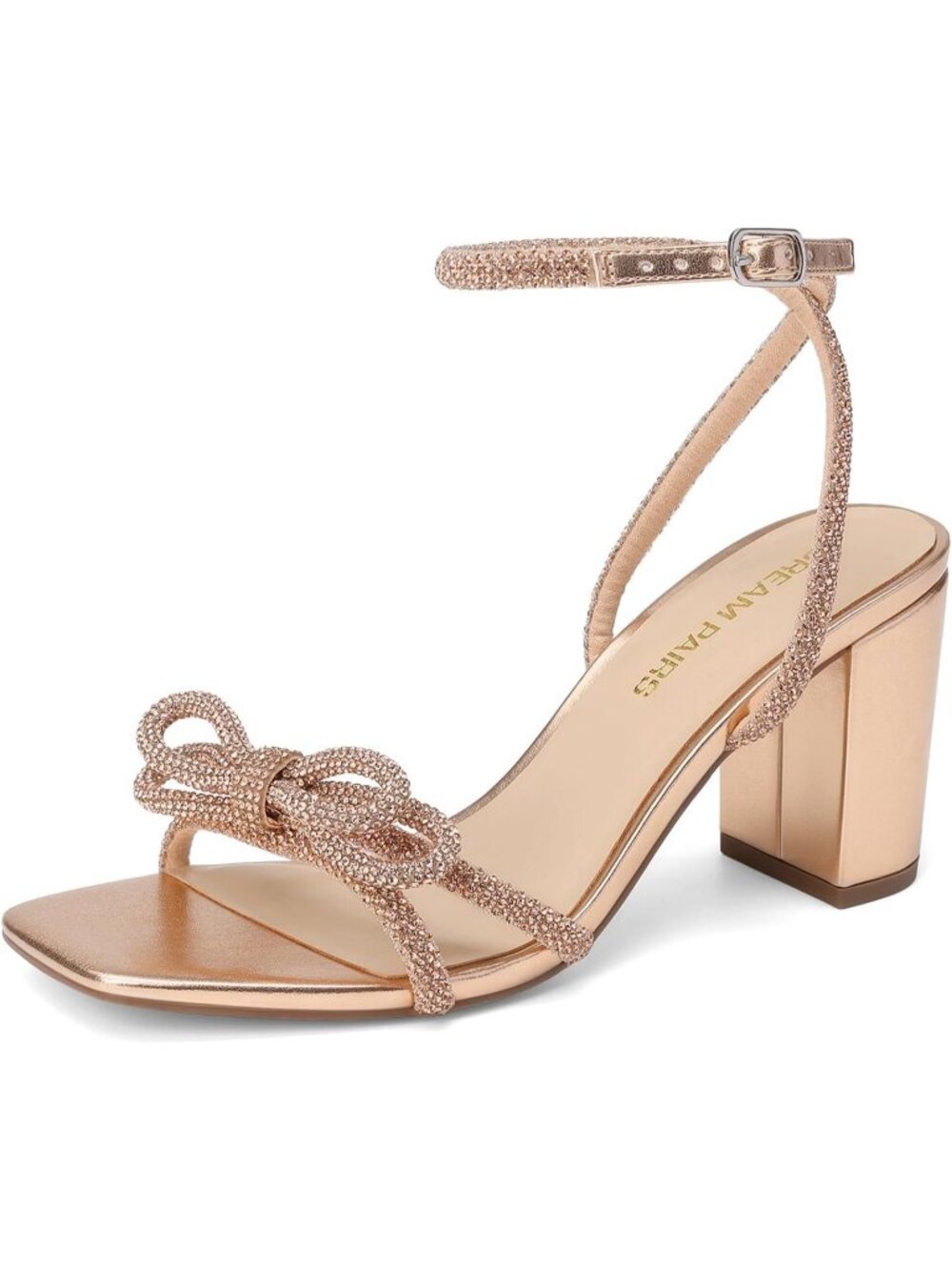Women's Champagne Bow Knot Chunky Block Square Toe Slingback Heels Sandals